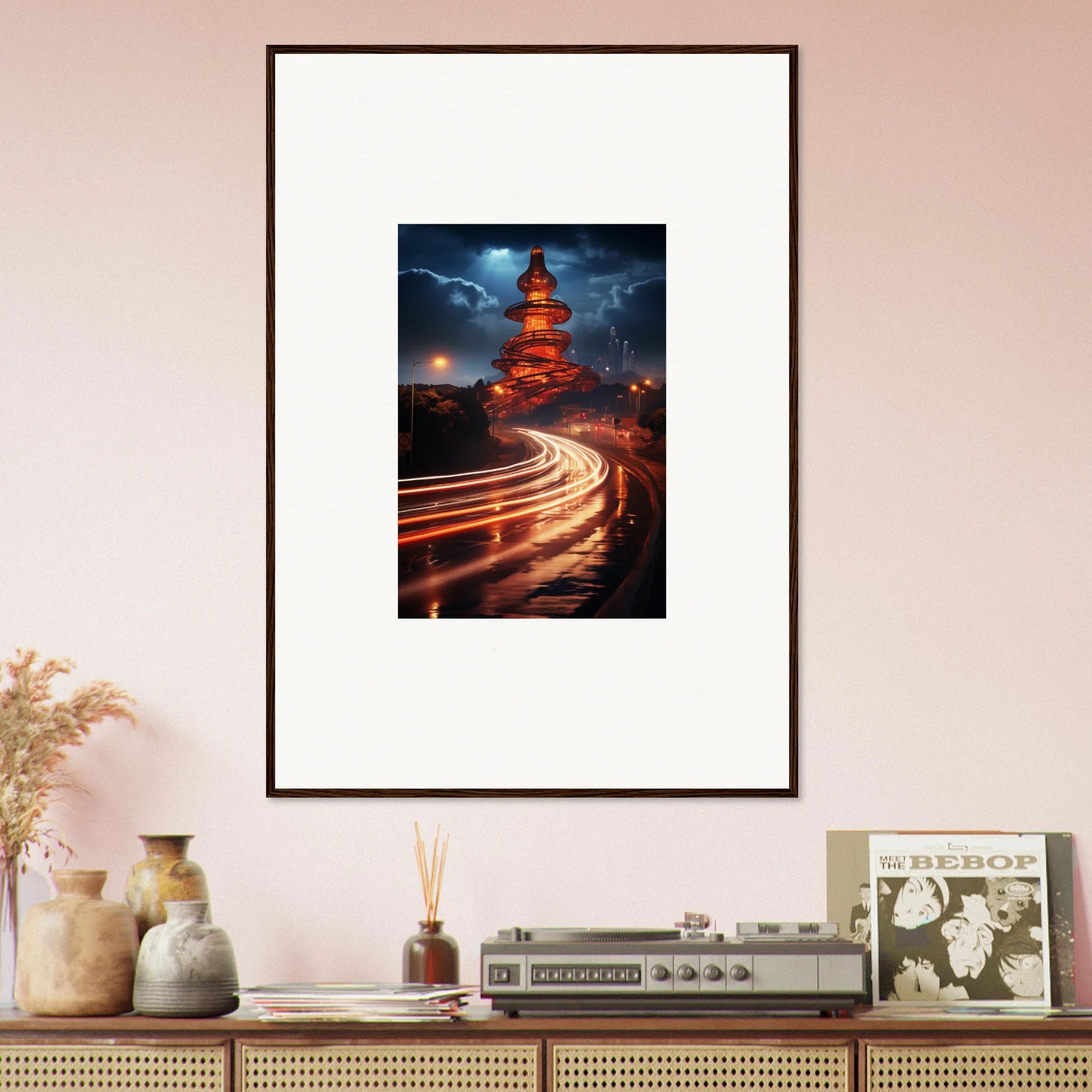 Framed photograph of a pagoda at night for Hyperloop Dreams Extravaganza