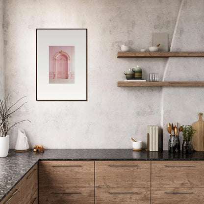 Modern kitchen with wooden cabinets and dark stone tops in Paris Dreams Frame art