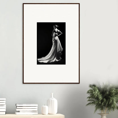 Framed black and white photo showcasing ephemeral grayscale elegance in a stunning gown