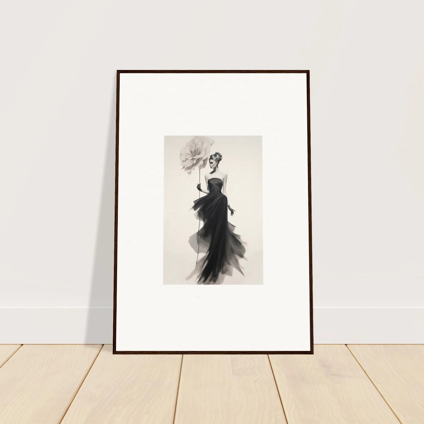 Framed black and white ink drawing of a flowing figure from Opulent Reverie Lyrisans