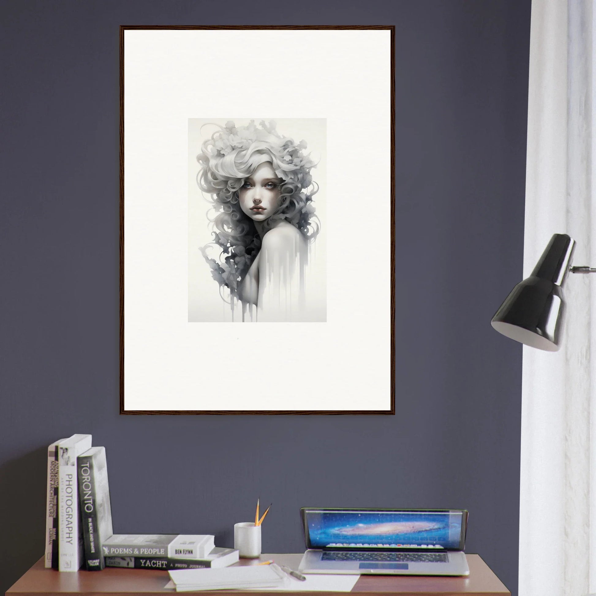 Artistic black and white portrait showcasing visions veil morphling with flowing hair