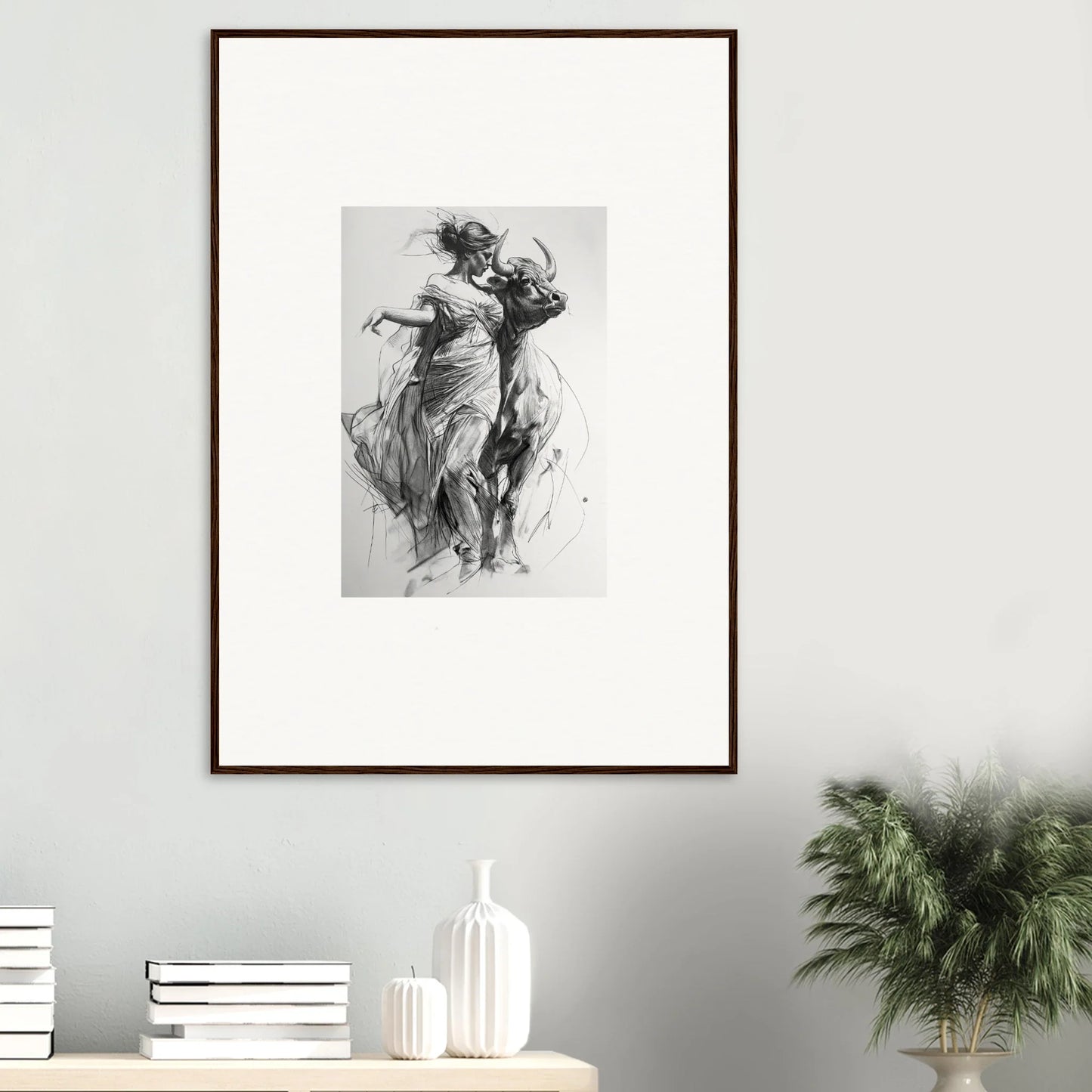 Framed wall art featuring a black and white sketch of flowing motion in Forest Flame Dance