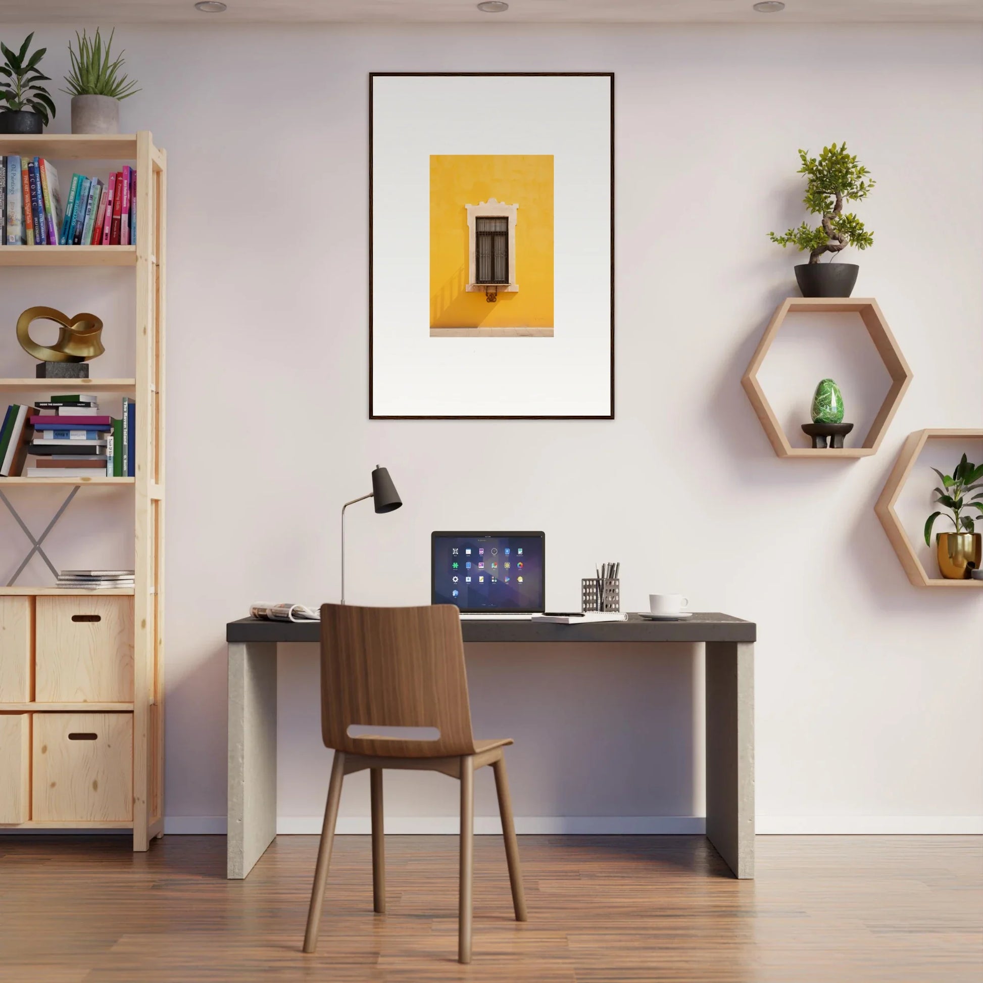 Modern home office with dark desk and wooden chair in Window’s Giallo Reverie