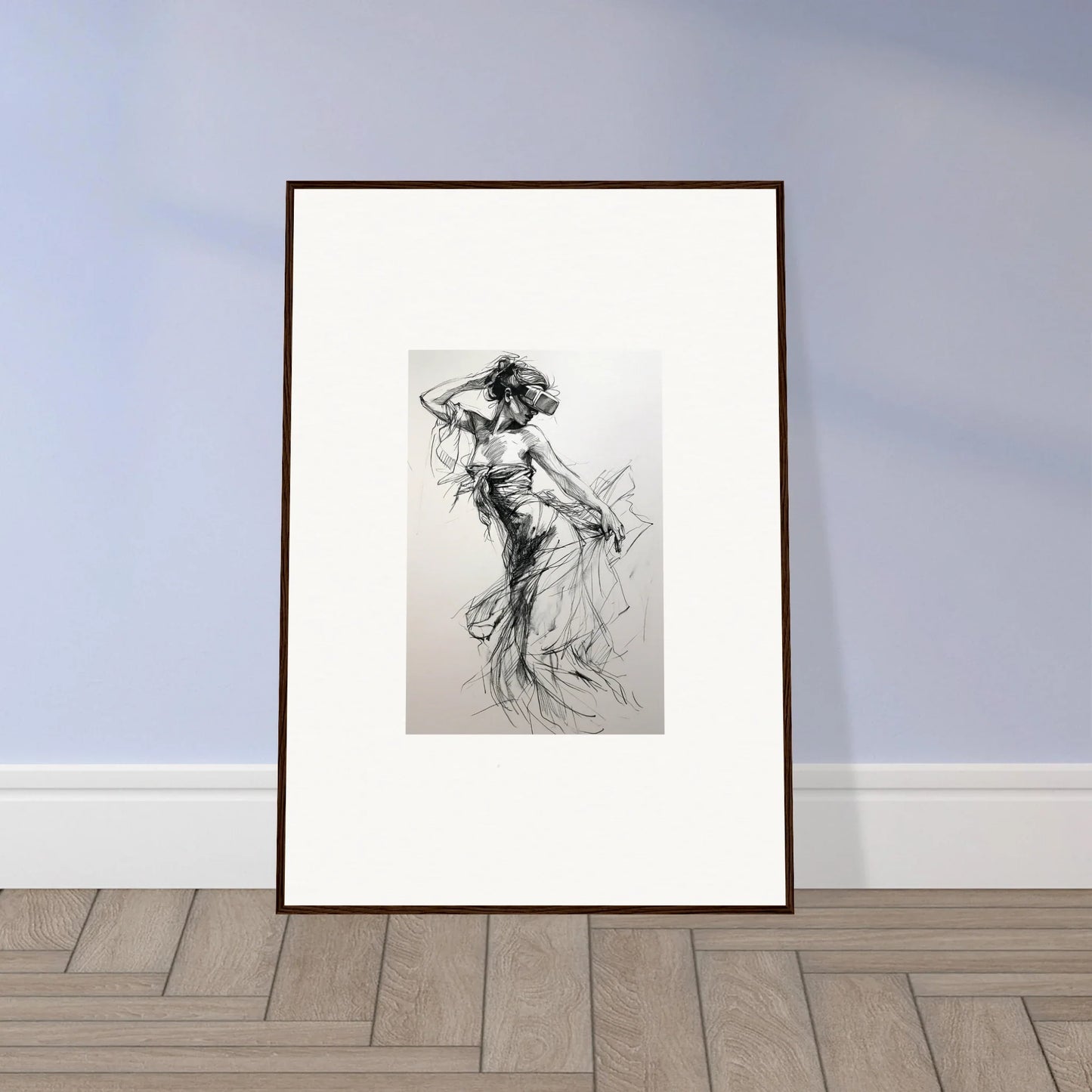 Framed black and white grace sketch of a dancing figure in dynamic motion for Virtual Grace Sketch