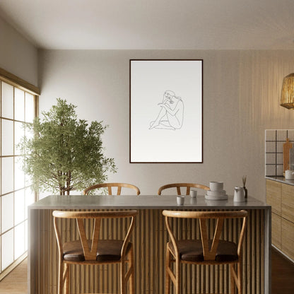 Minimalist dining table with wooden chairs and Mindful Dream Tangles framed wall art