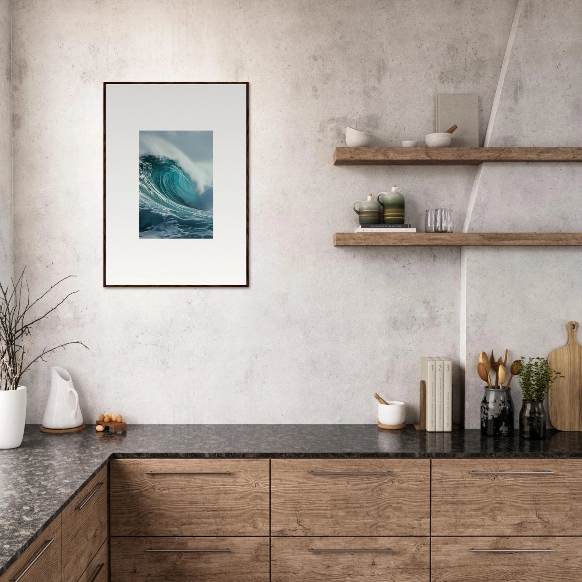 Modern kitchen featuring wooden cabinetry and Whispering Oceans canvas print wall art