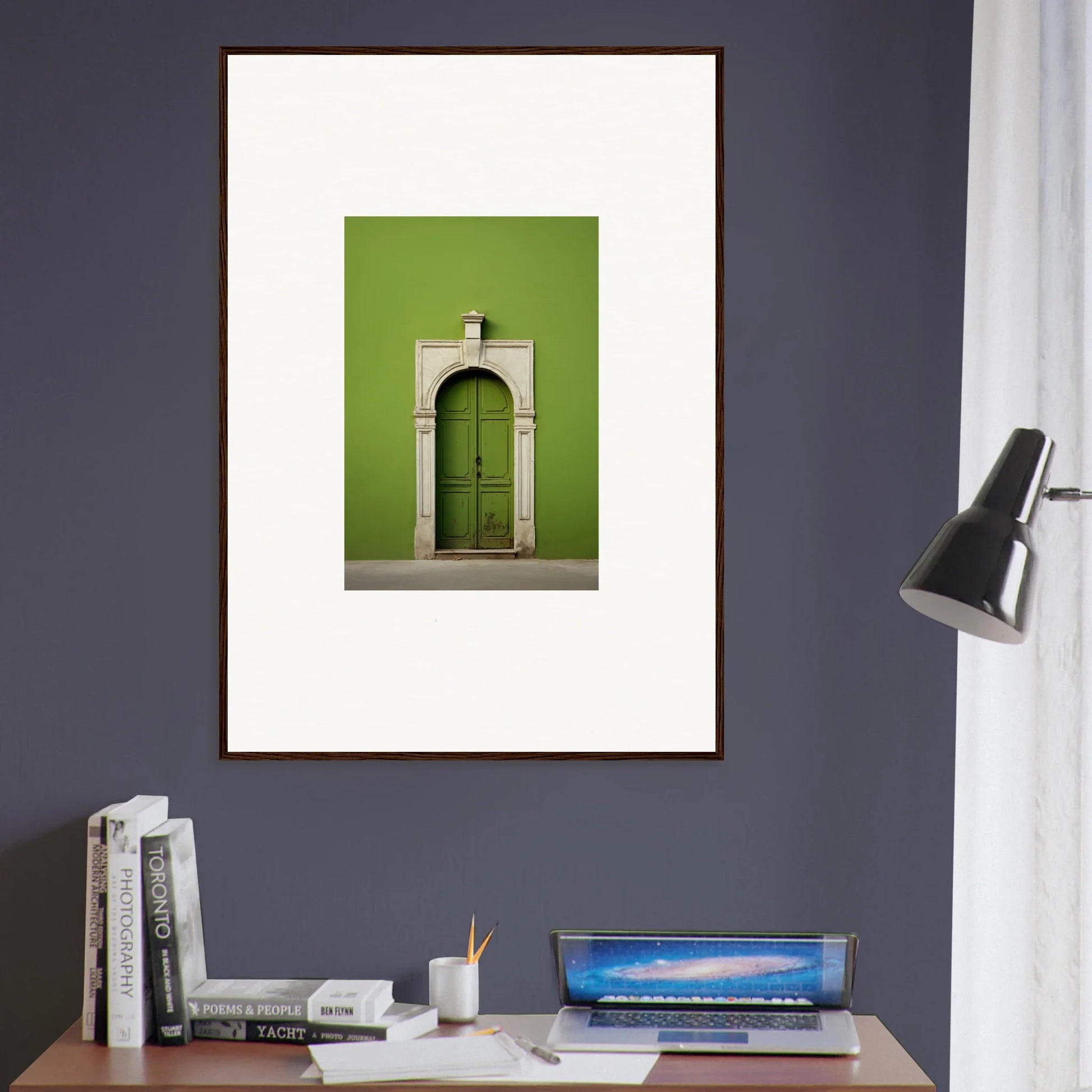 Framed art print of a green wall with an arched wooden door from Green Origins special edition art