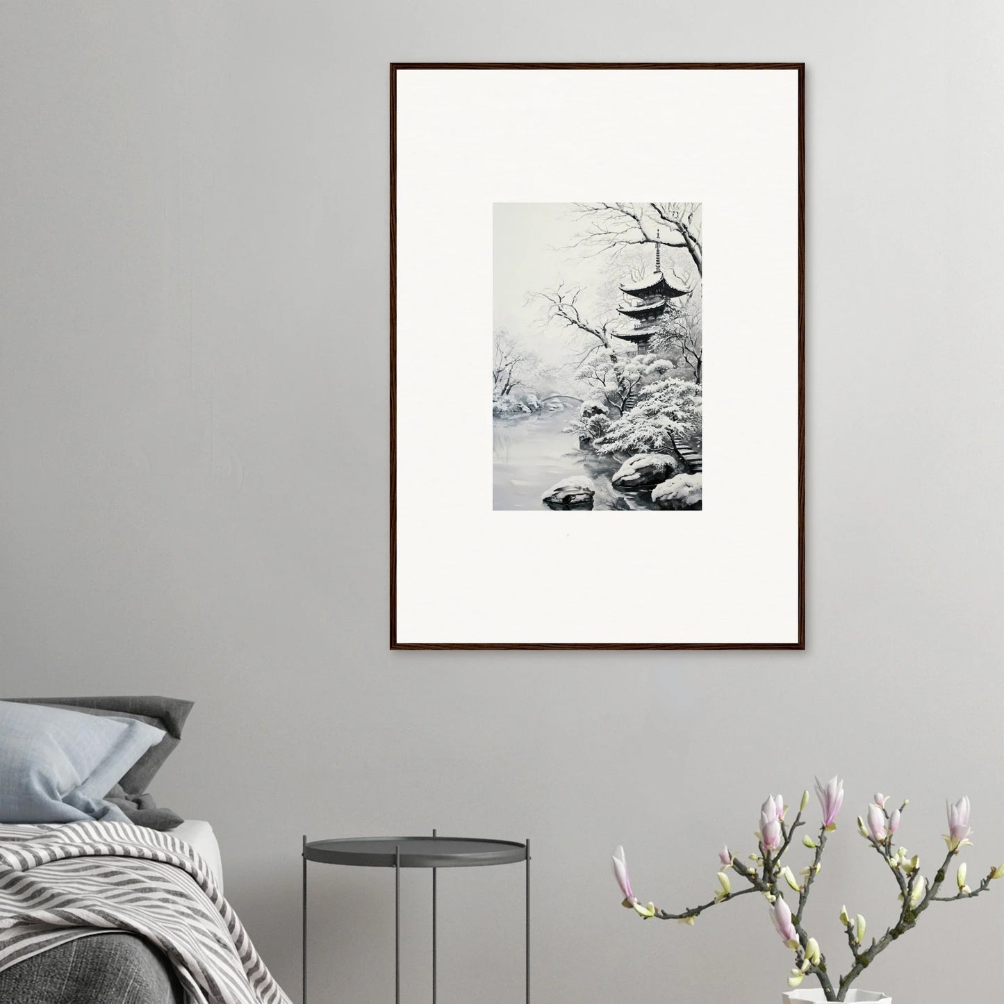 Framed wall art of a Japanese pagoda in winter for Twilight Rebirth Narrative