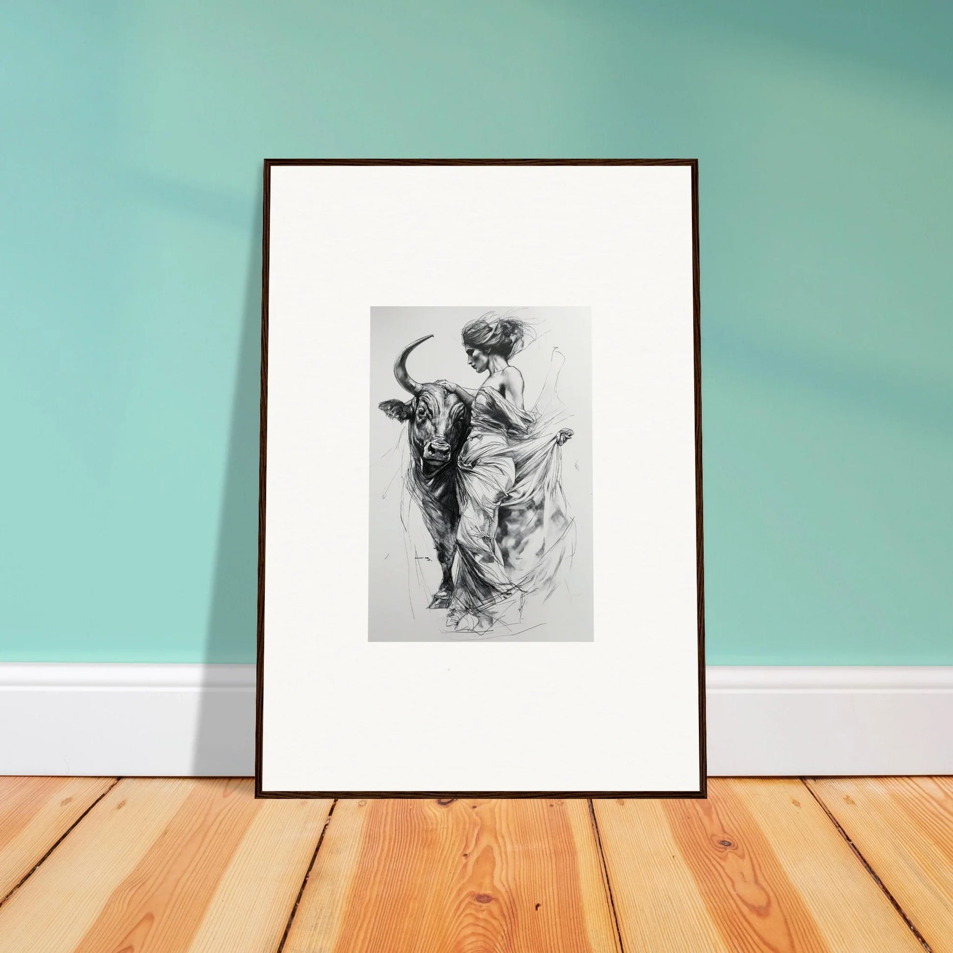 Framed black and white sketch of figure with bull in Marvelous Taurine Serenade art