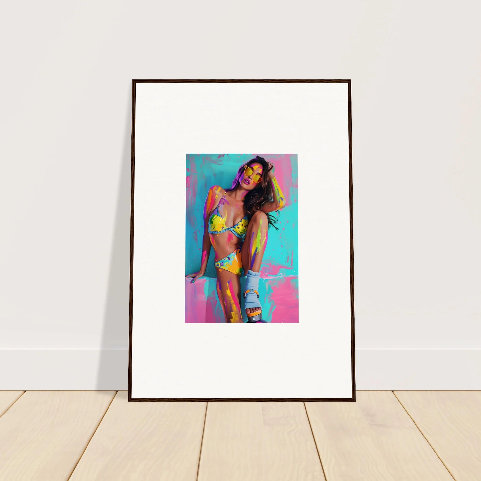 Framed canvas print of a vibrant woman in a bikini for stylish room decoration