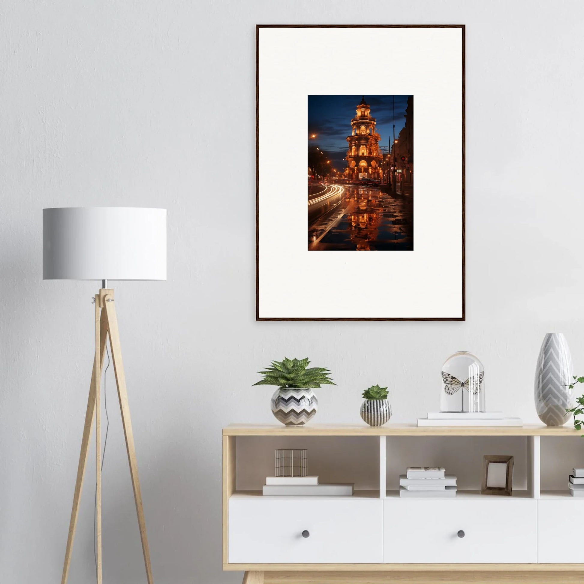 Framed wall art of a city street at night with reflections for Luminous Neo’ici Dops