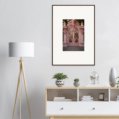 Framed photo of an ornate pink doorway showcasing Opulent Doorscape Divinity art