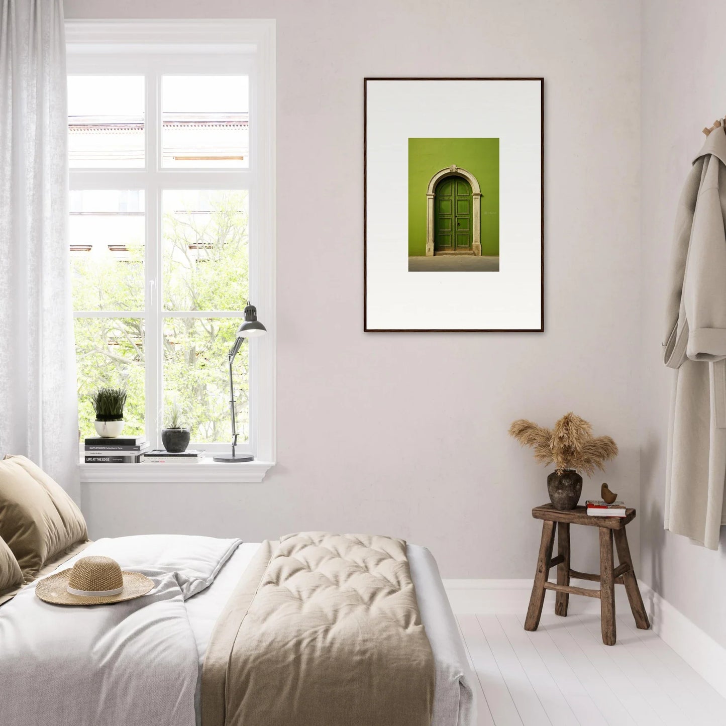 Minimalist bedroom with neutral tones featuring Vert Barcode Reverie wall artwork