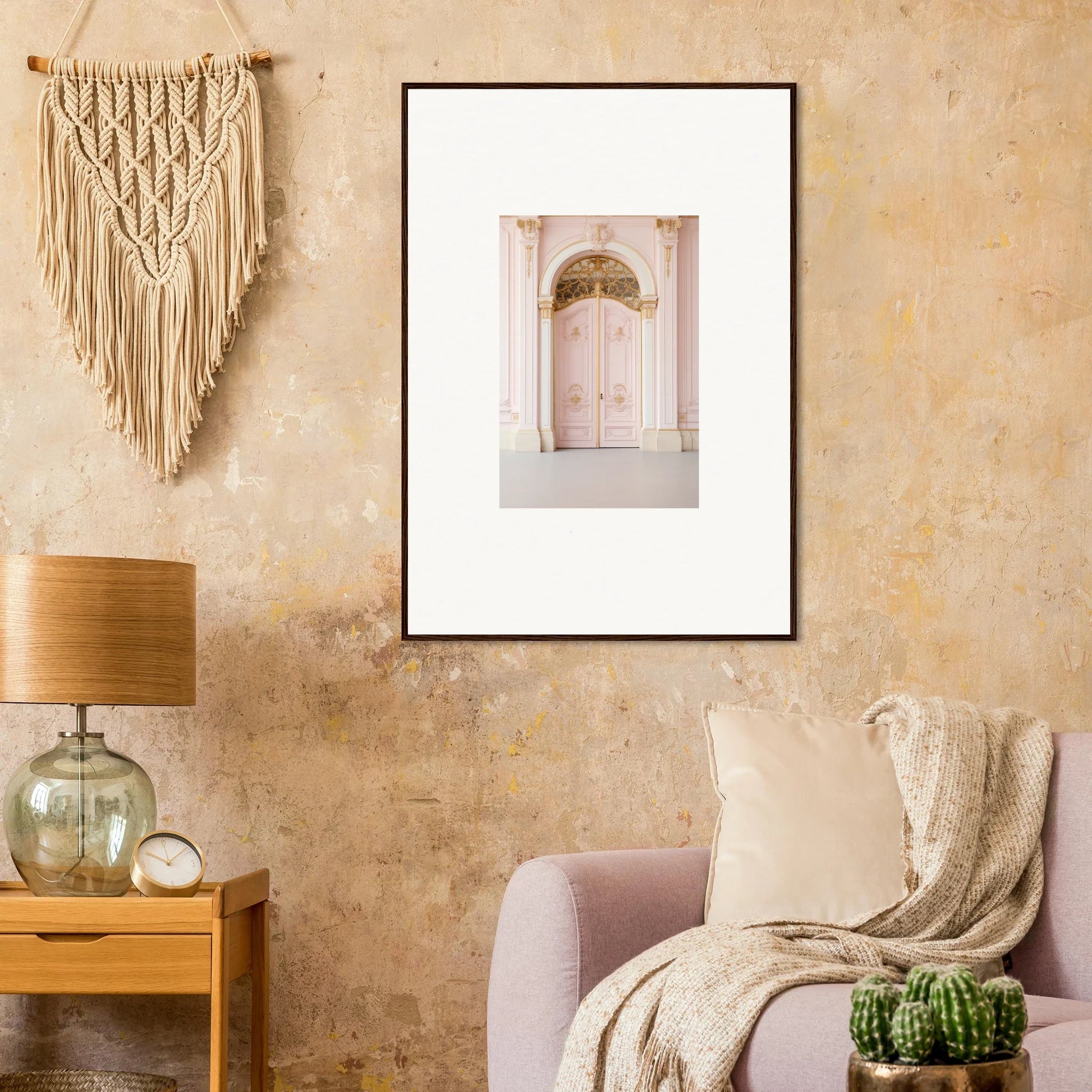 Framed wall art of a pink door with an arched detail from Regal Must collection