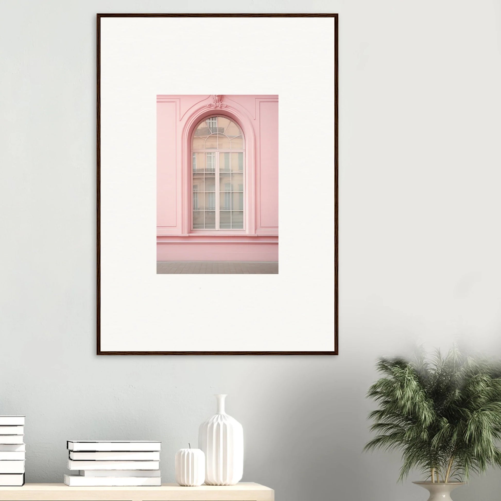 Framed art print of a pink arched window with white curtains from Pink Sonata Vibrations