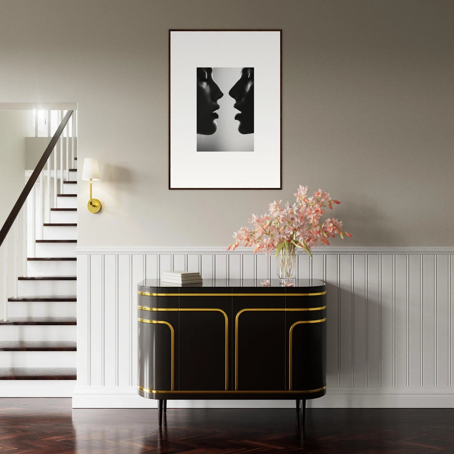 Black credenza with gold trim and curved edges from Echo’s Embrace special edition Art™