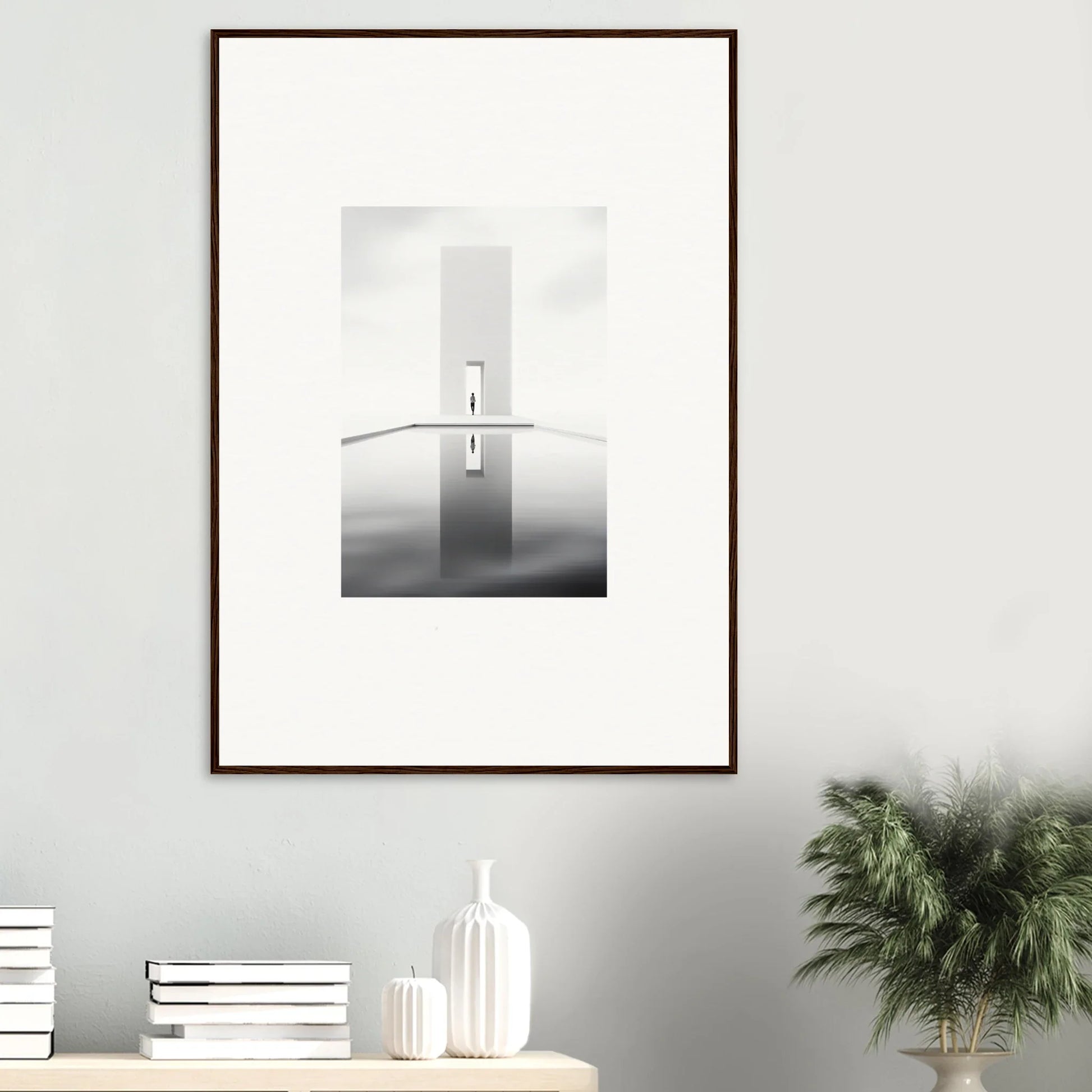 Framed wall art of a minimalist cross in mist for Dreamer’s Vanishing Silhouette