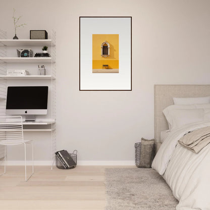 Minimalist bedroom featuring a premium framed wall with Gapes of Gargoyles artwork