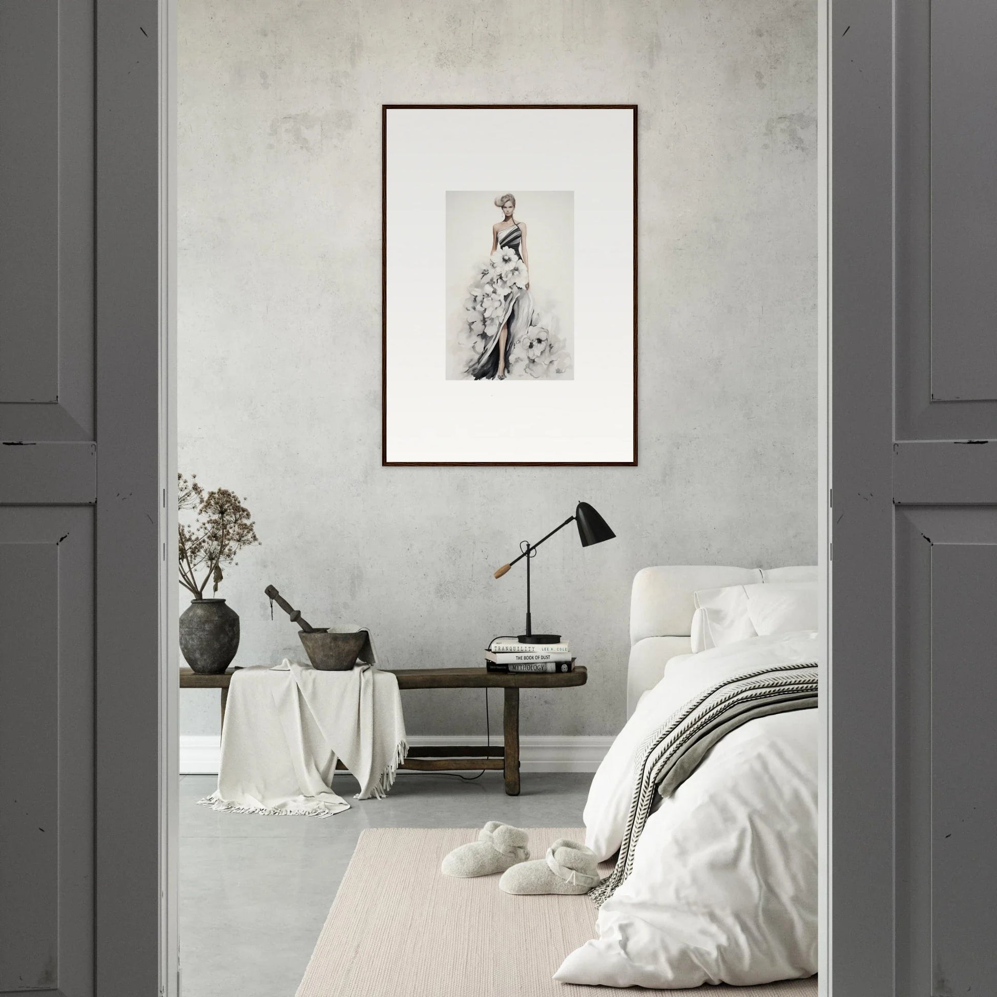 Monochromatic bedroom with Dreamy Blossom Mirage framed wall art and minimalist decor