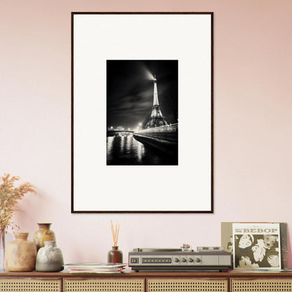 Framed black and white art of illuminated Eiffel Tower reflecting on Seine for Paris Radiates Eleepizarre