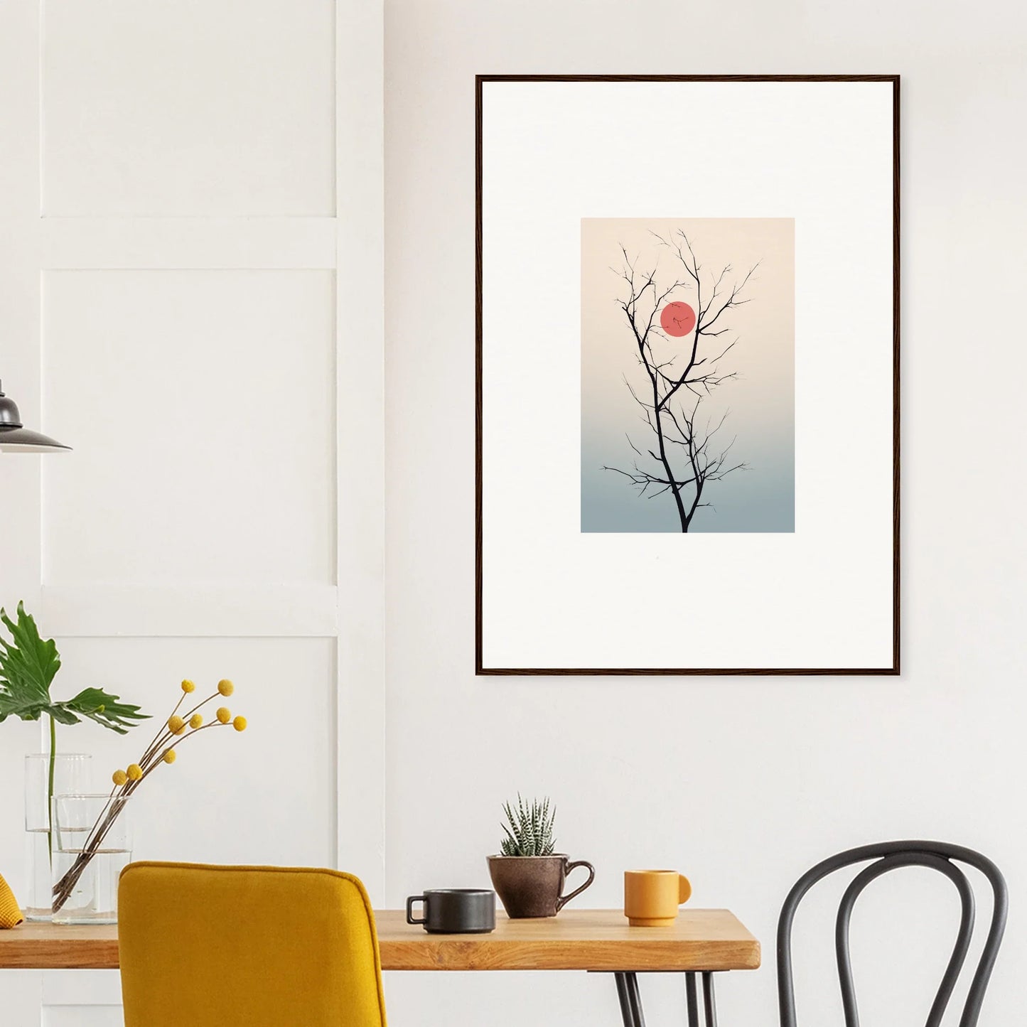 Framed minimalist wall art of a bare tree branch in serene eclipse sky for room decoration