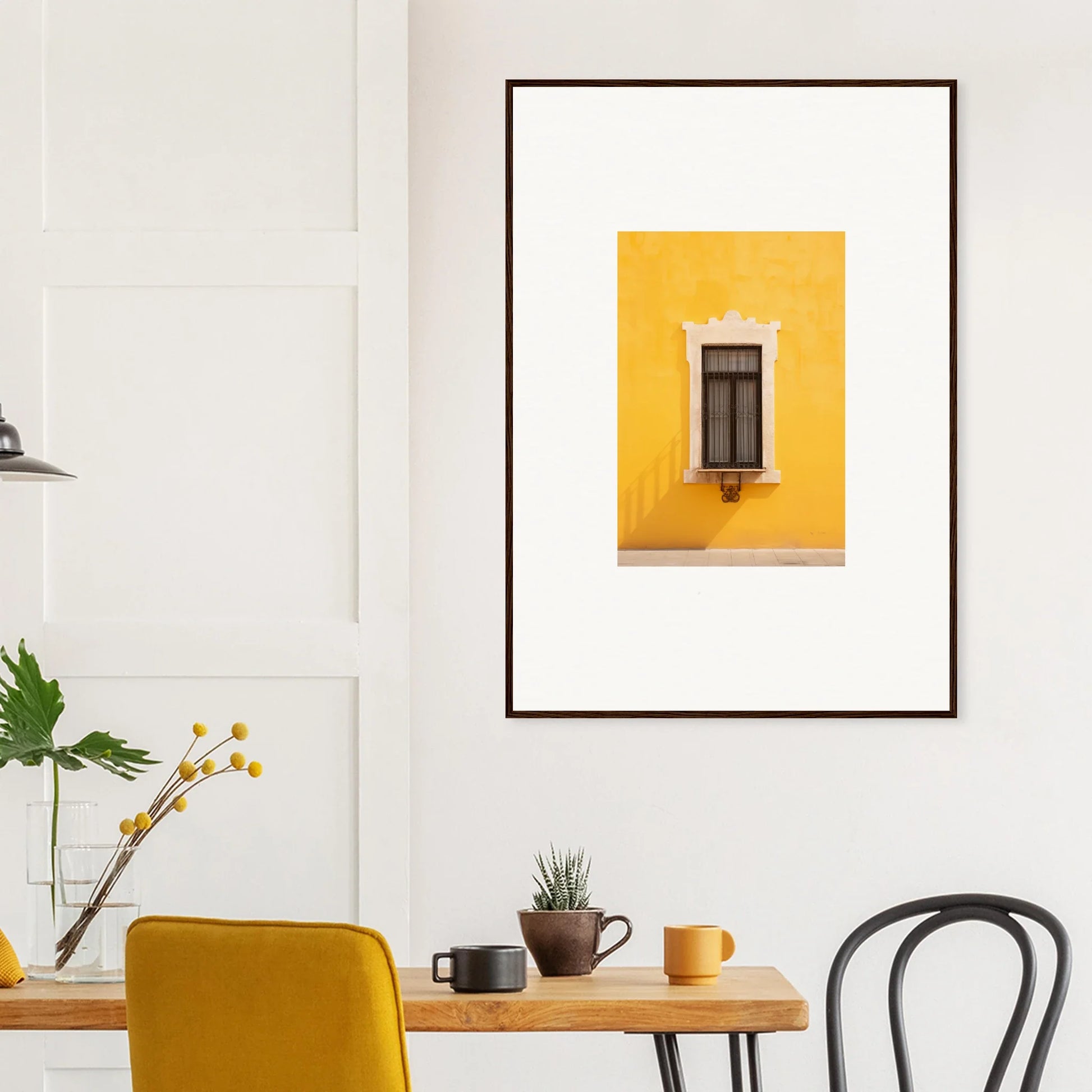 Framed art of a brown window on a bright yellow wall from Window’s Giallo Reverie