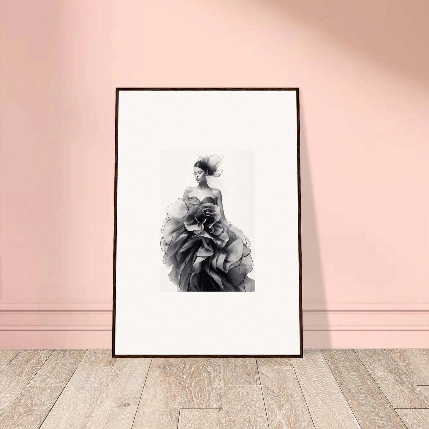 Black and white framed wall art of a figure in ruffled dress, Ephemeral Orchard Whispers