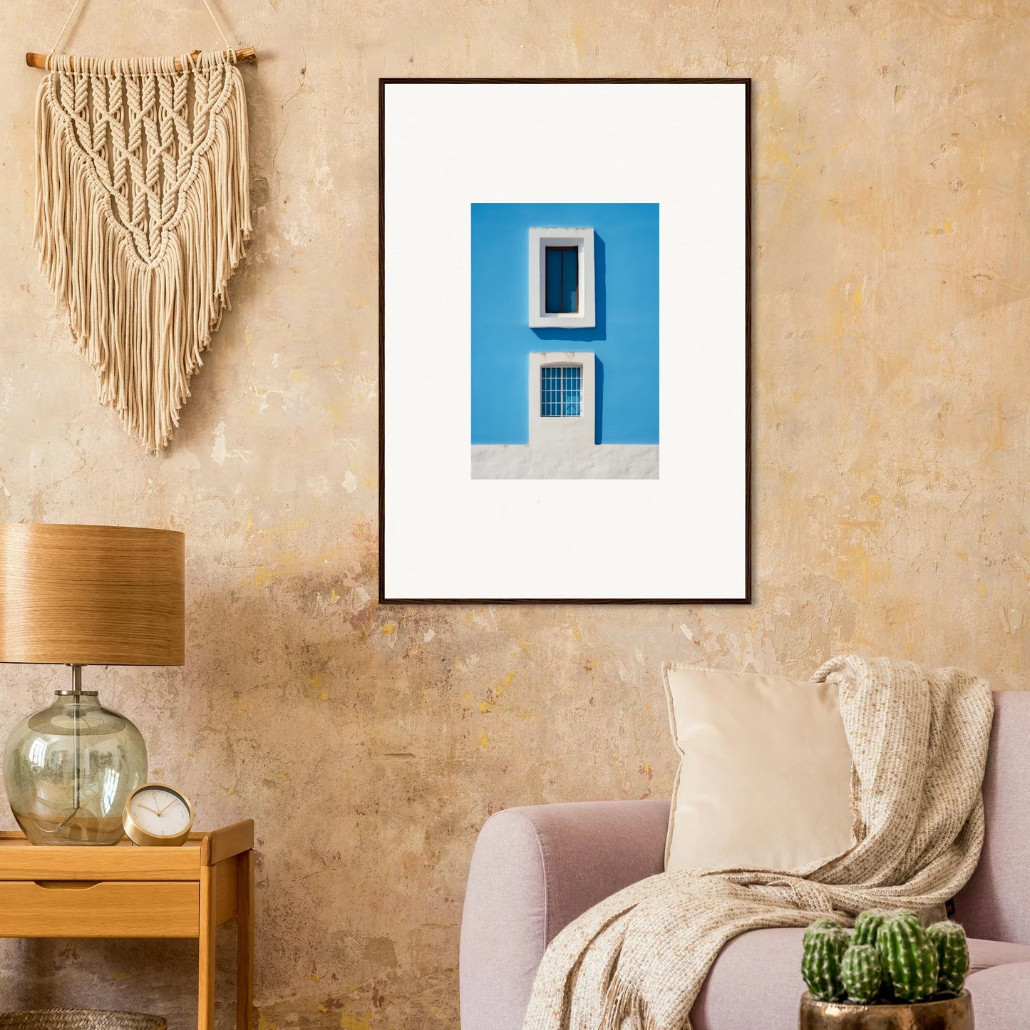 Framed wall art of a white window on a blue wall from Isles Encompassed Vista