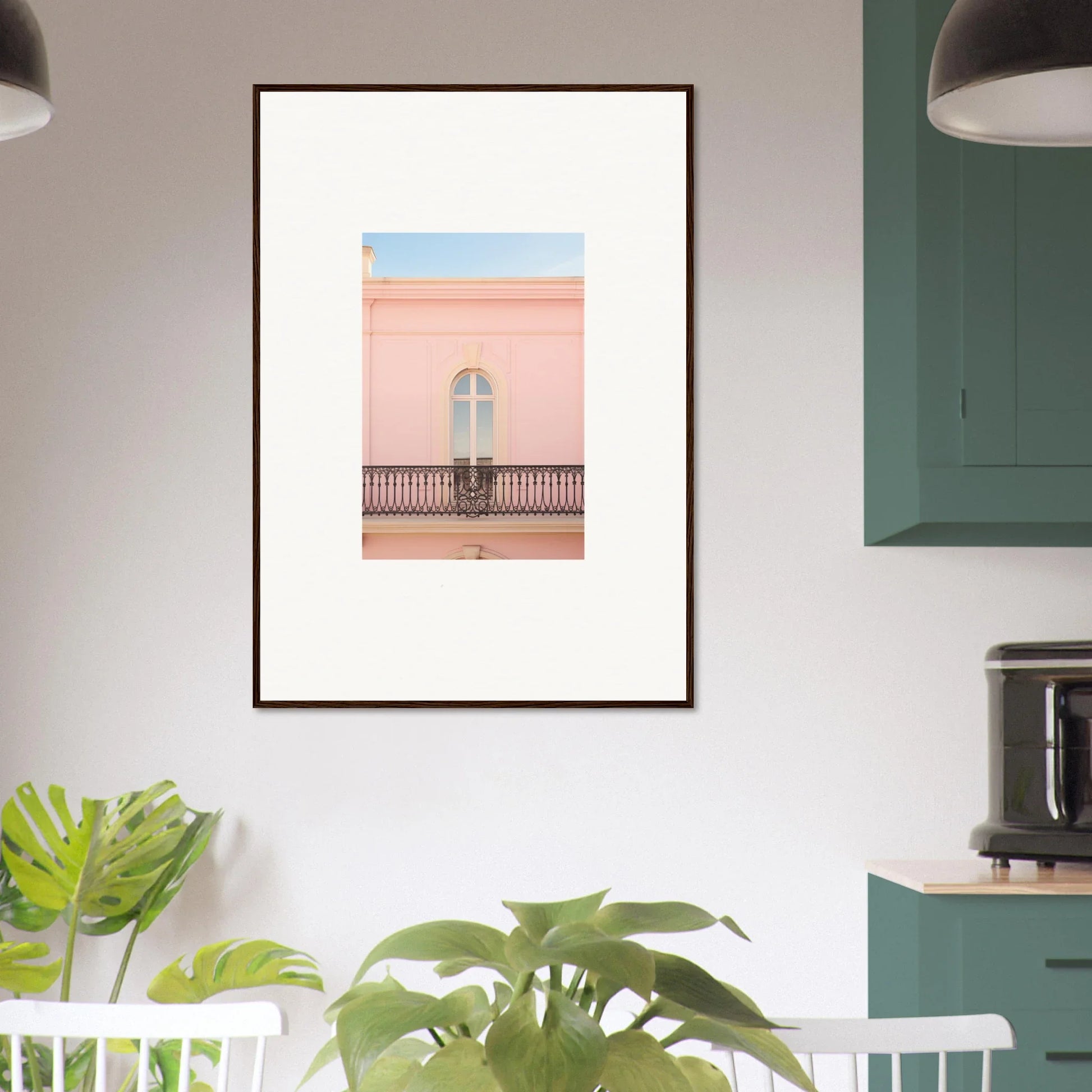 Framed wall art of a pink building facade in the Peach Tranquil Portal design