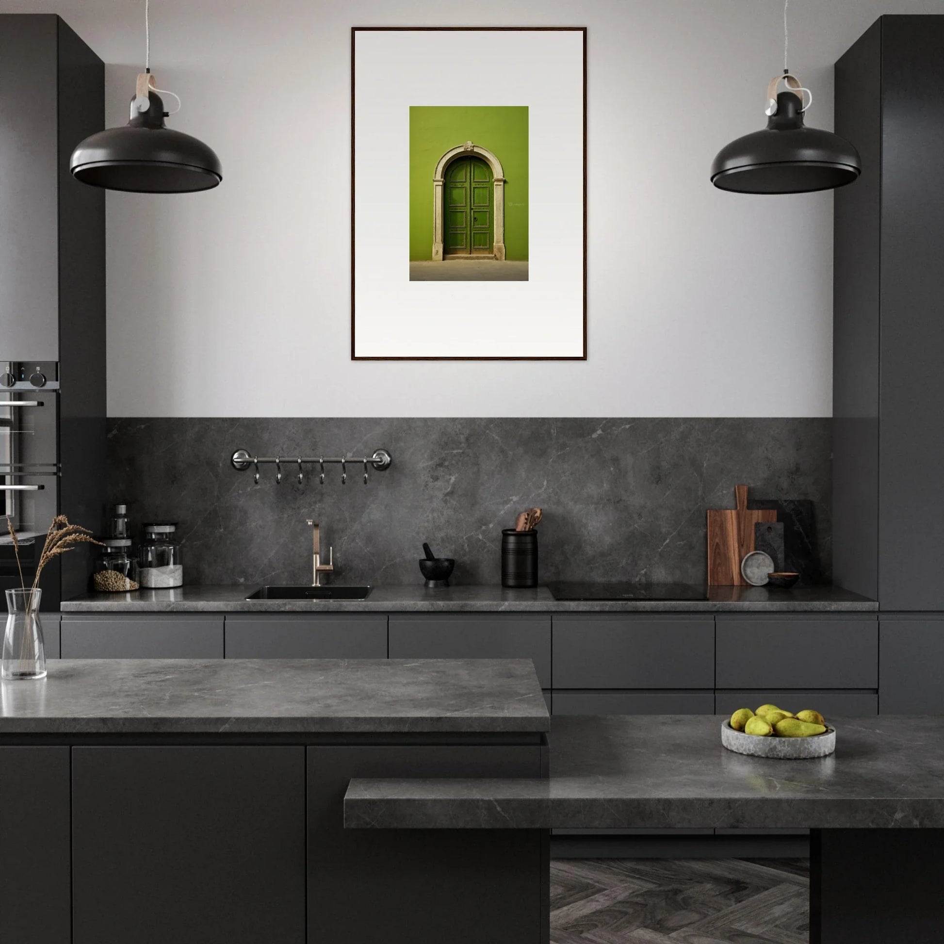 Modern dark gray kitchen featuring Vert Barcode Reverie artwork and industrial lights