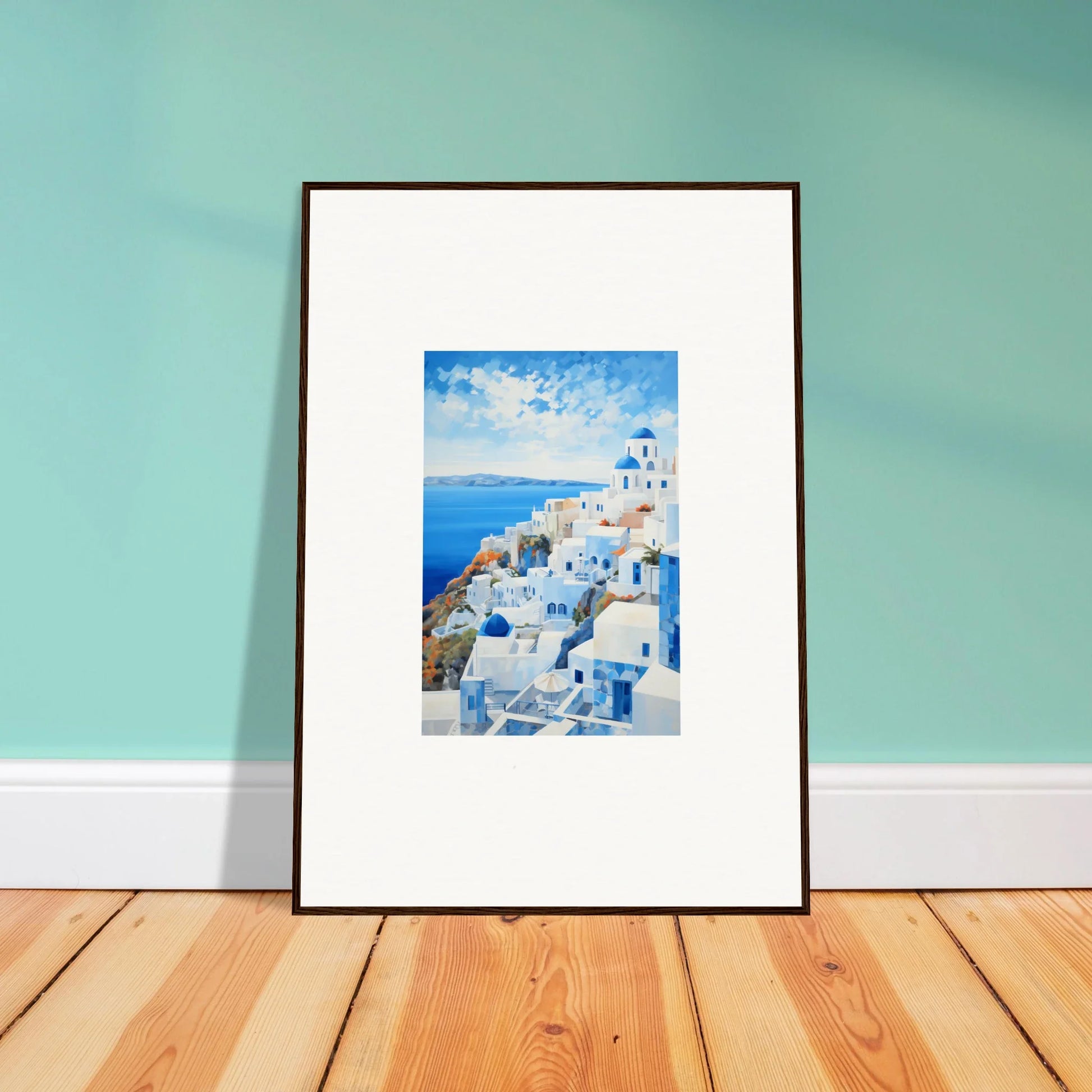 Framed photograph of Santorini’s iconic buildings for premium framed wall art