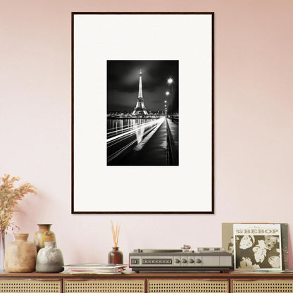 Framed black and white photograph of the Eiffel Tower at night for Ghosts of Luminosity premium framed wall art