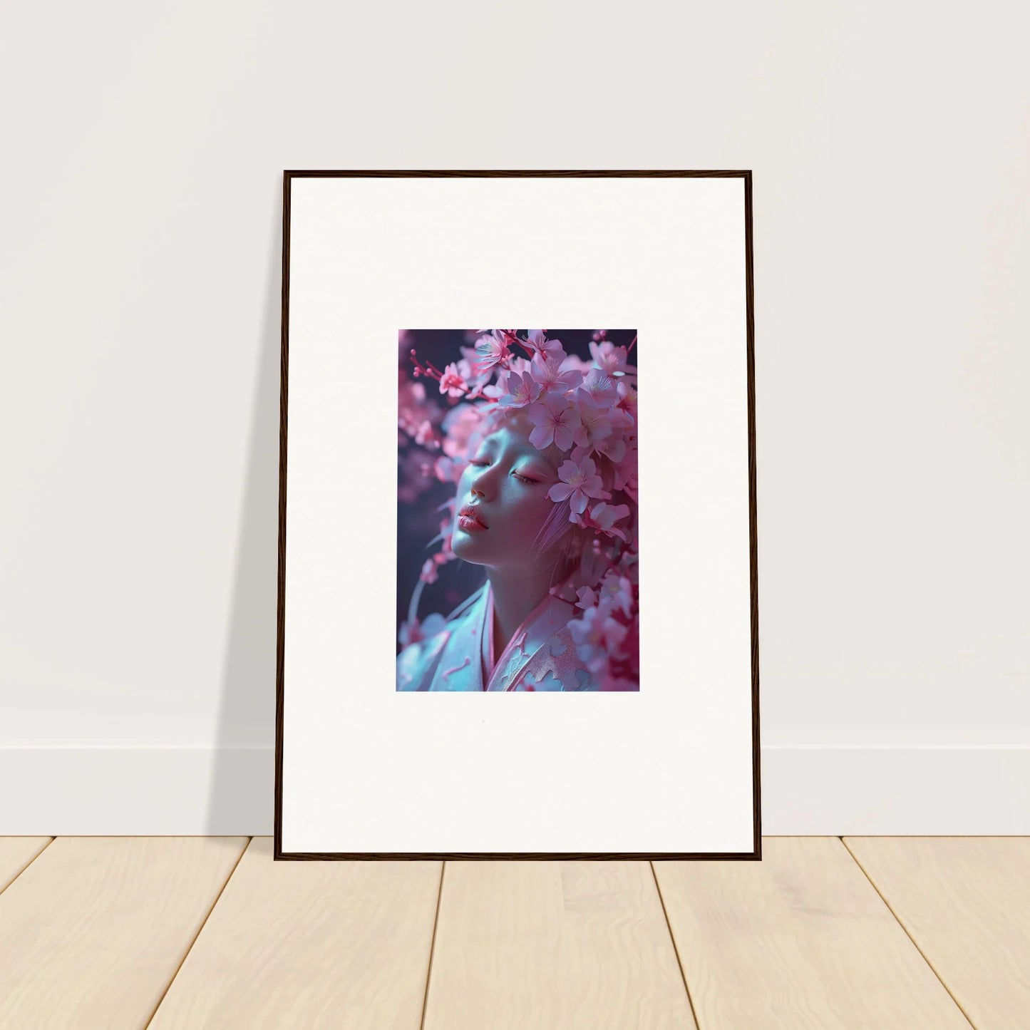 Framed wall art of a person’s face with cherry blossoms, perfect for room decoration