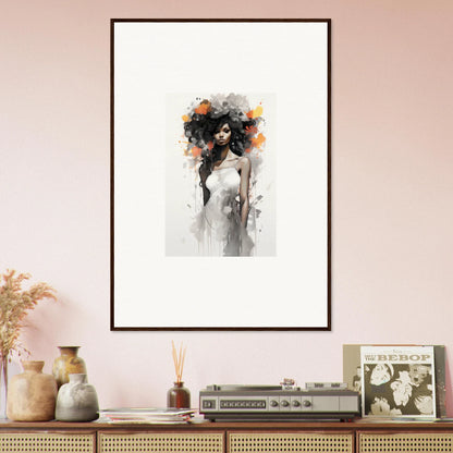 Framed wall art of Ethereal Echoes Blossoms with a flowing-haired figure and flowers