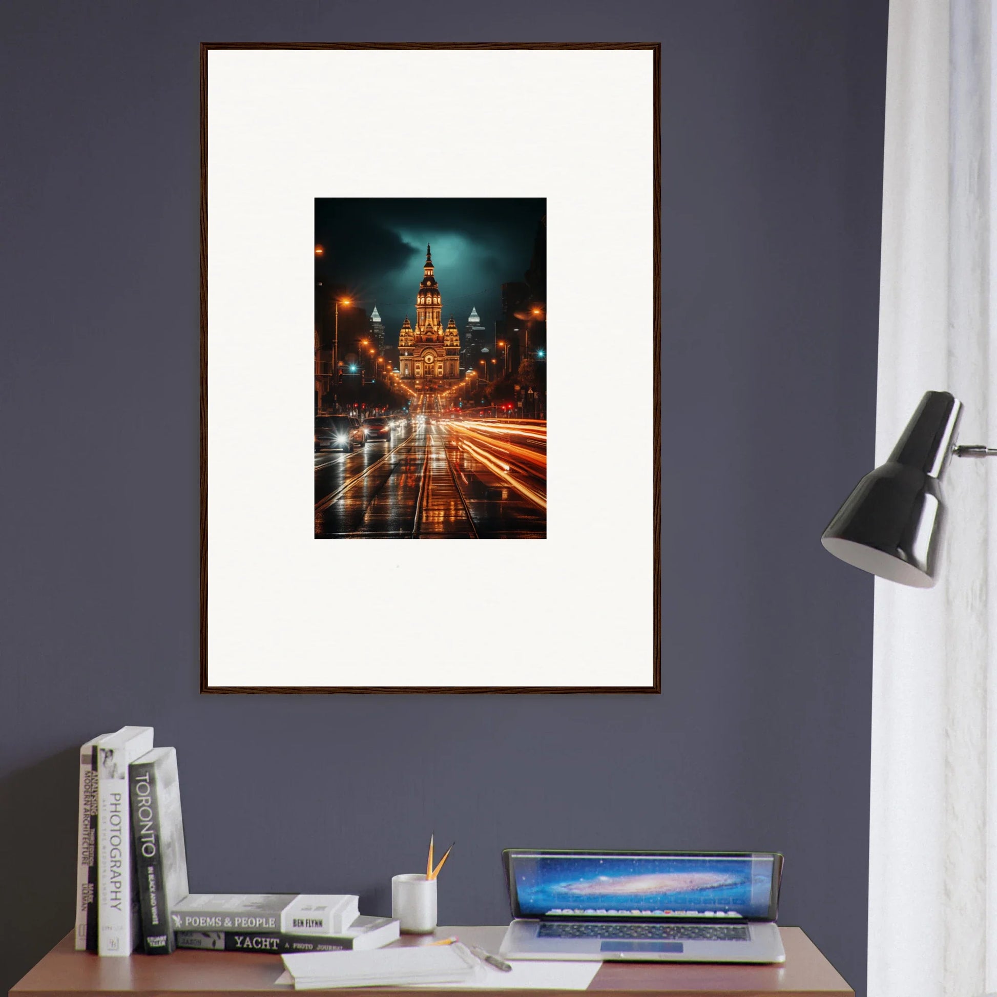 Framed wall art of Radiant Urban Reverie with illuminated cityscape and light trails