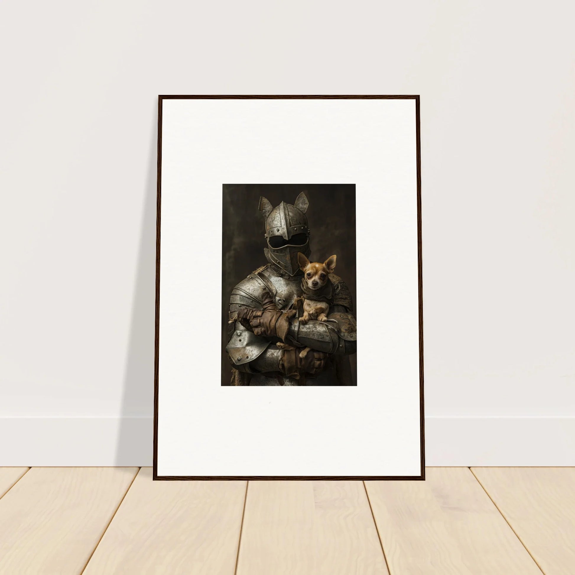 Framed wall art of a knight in armor with a Corgi, part of Serene Steel Whispers