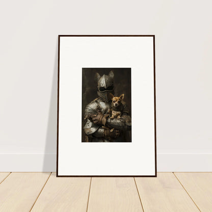 Framed wall art of a knight in armor with a Corgi, part of Serene Steel Whispers