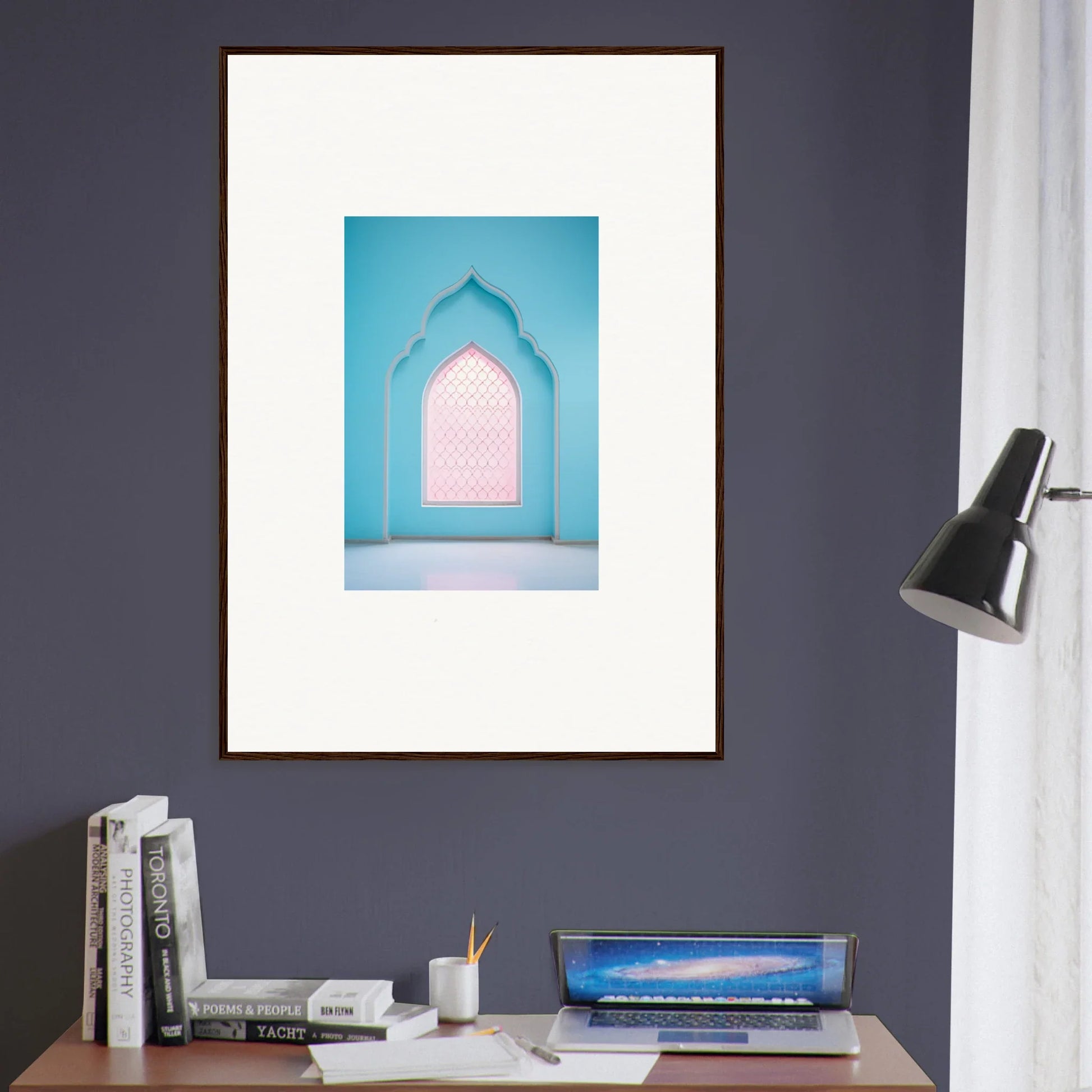 Framed art print of a turquoise archway and pink window for Souls Diffilveres Critfilters