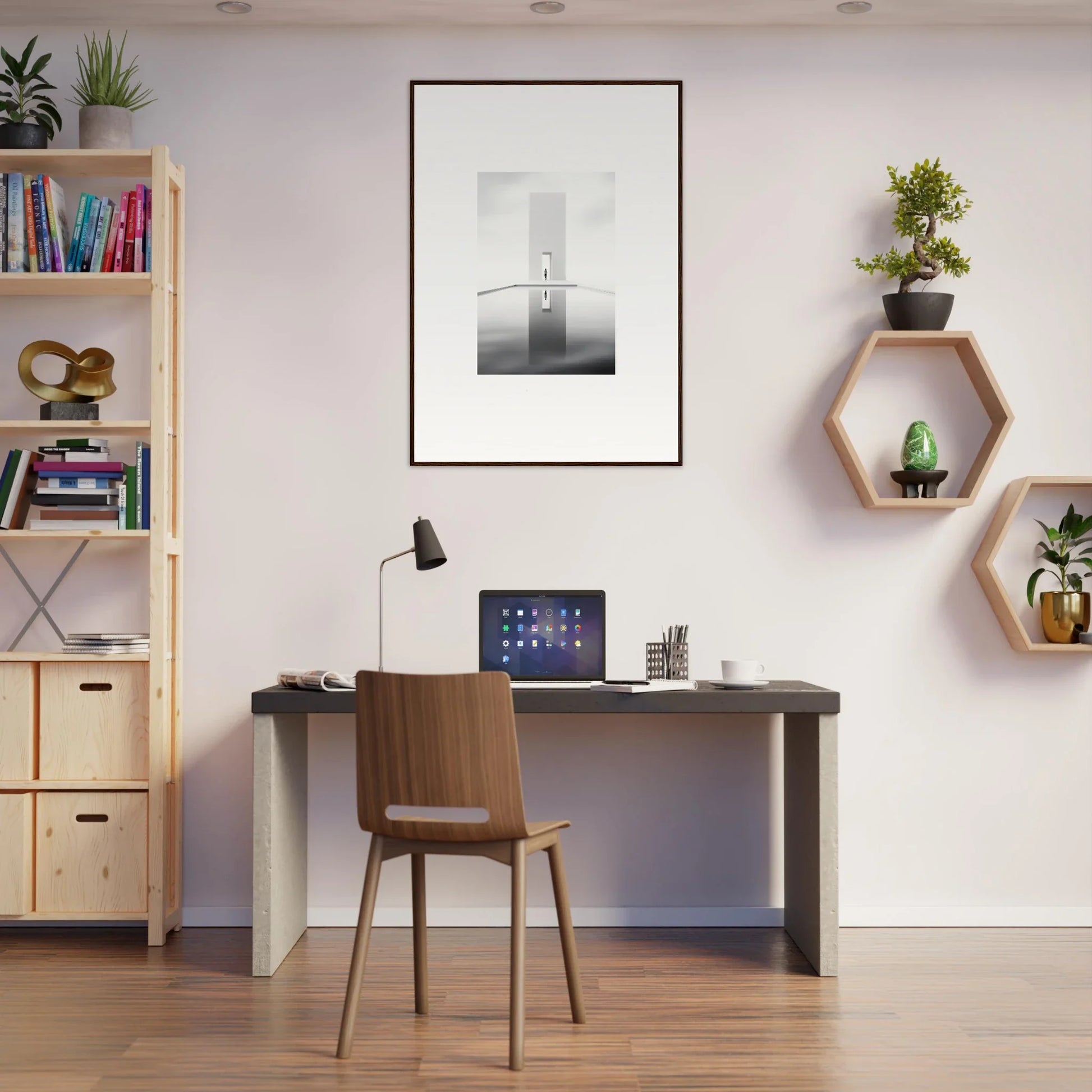 Modern home office with dark desk and hexagonal shelves, featuring Dreamer’s Vanishing Silhouette