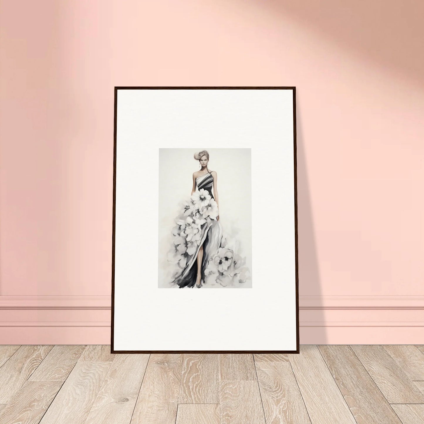 Framed wall art of Dreamy Blossom Mirage featuring an elegant floral evening gown