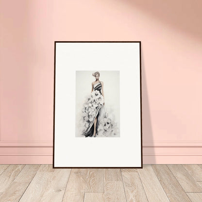 Framed wall art of Dreamy Blossom Mirage featuring an elegant floral evening gown