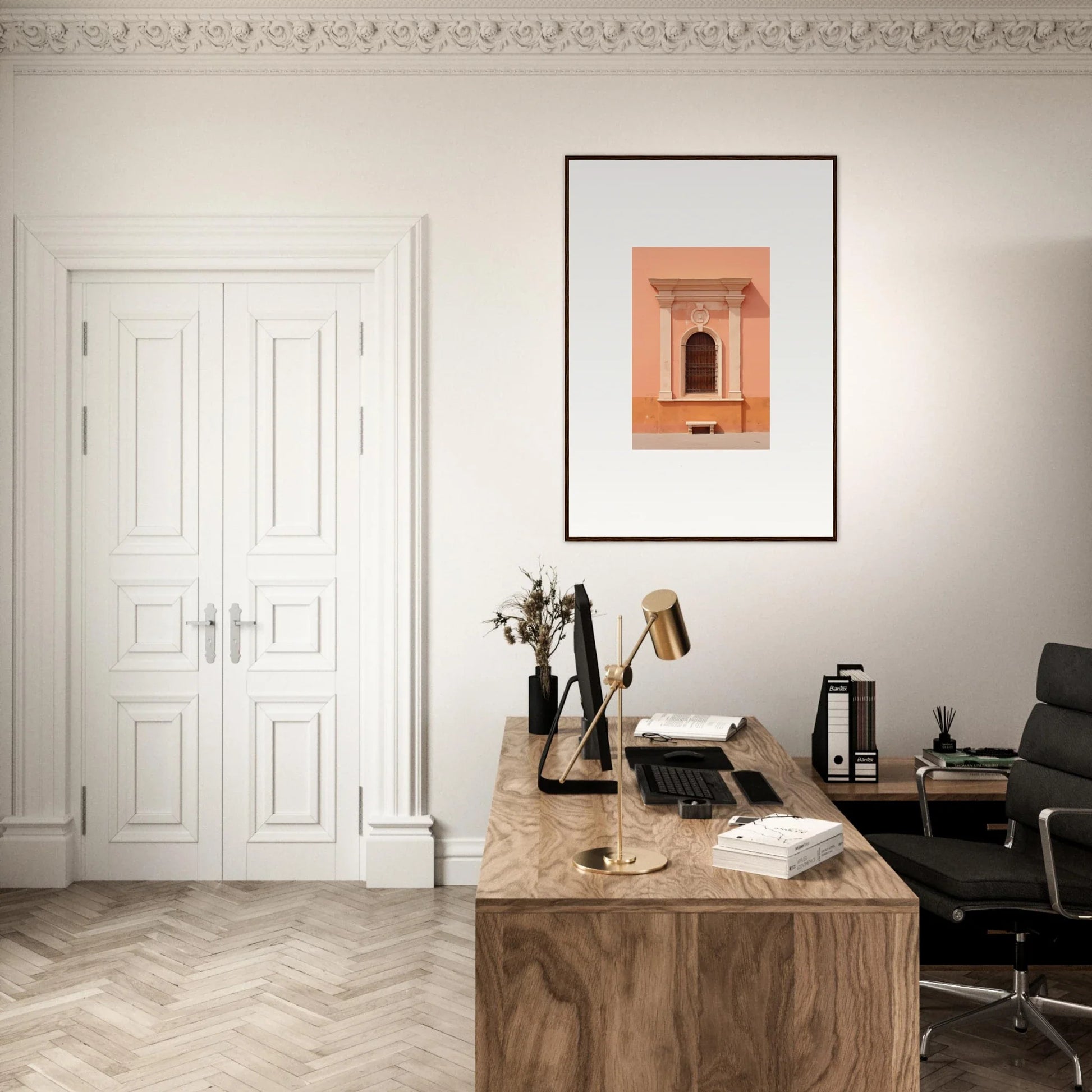 Wooden desk with a vintage typewriter and office accessories in Silent Sunset Oblique