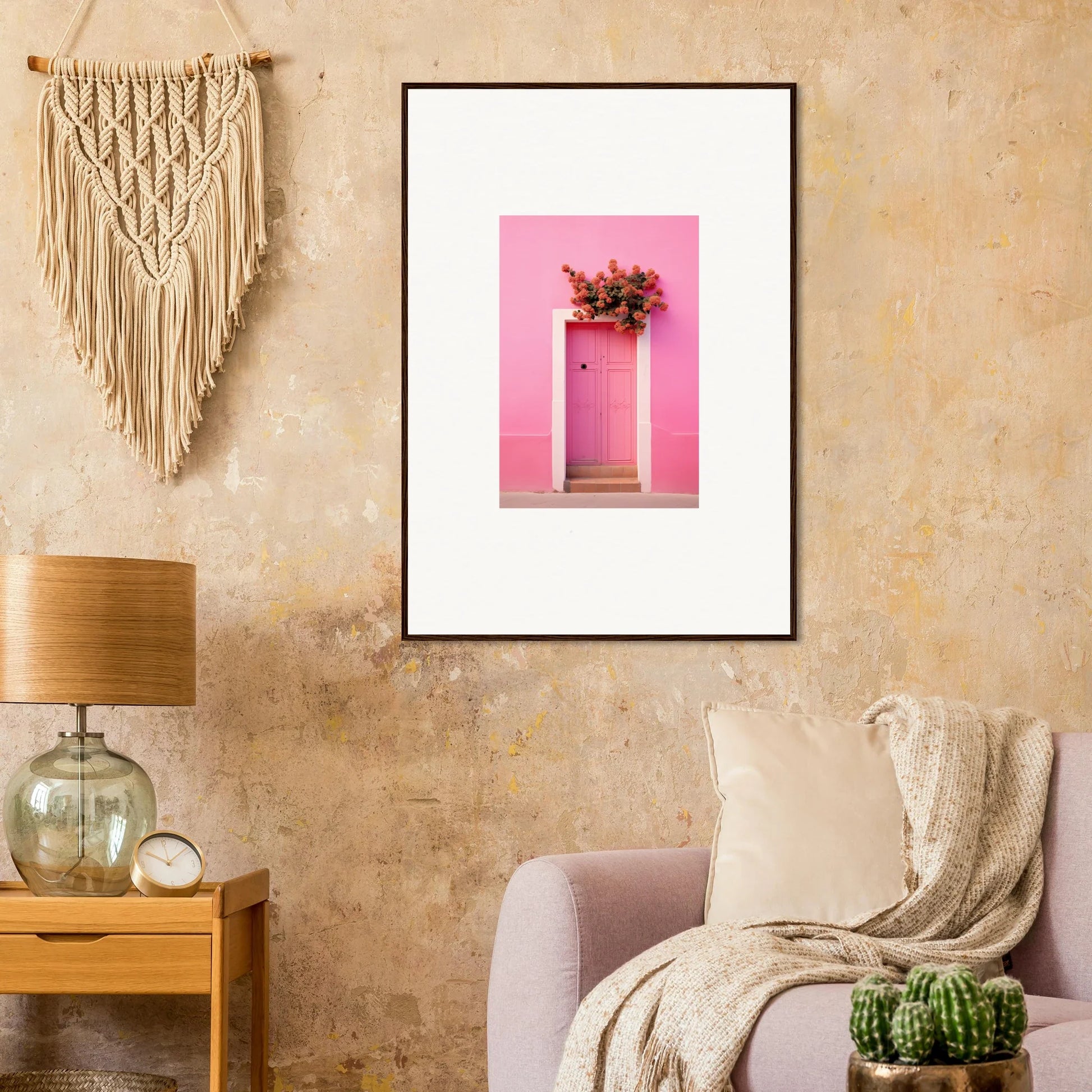 Framed wall art of a pink door with flowers, part of Quantum Pink Serenade collection