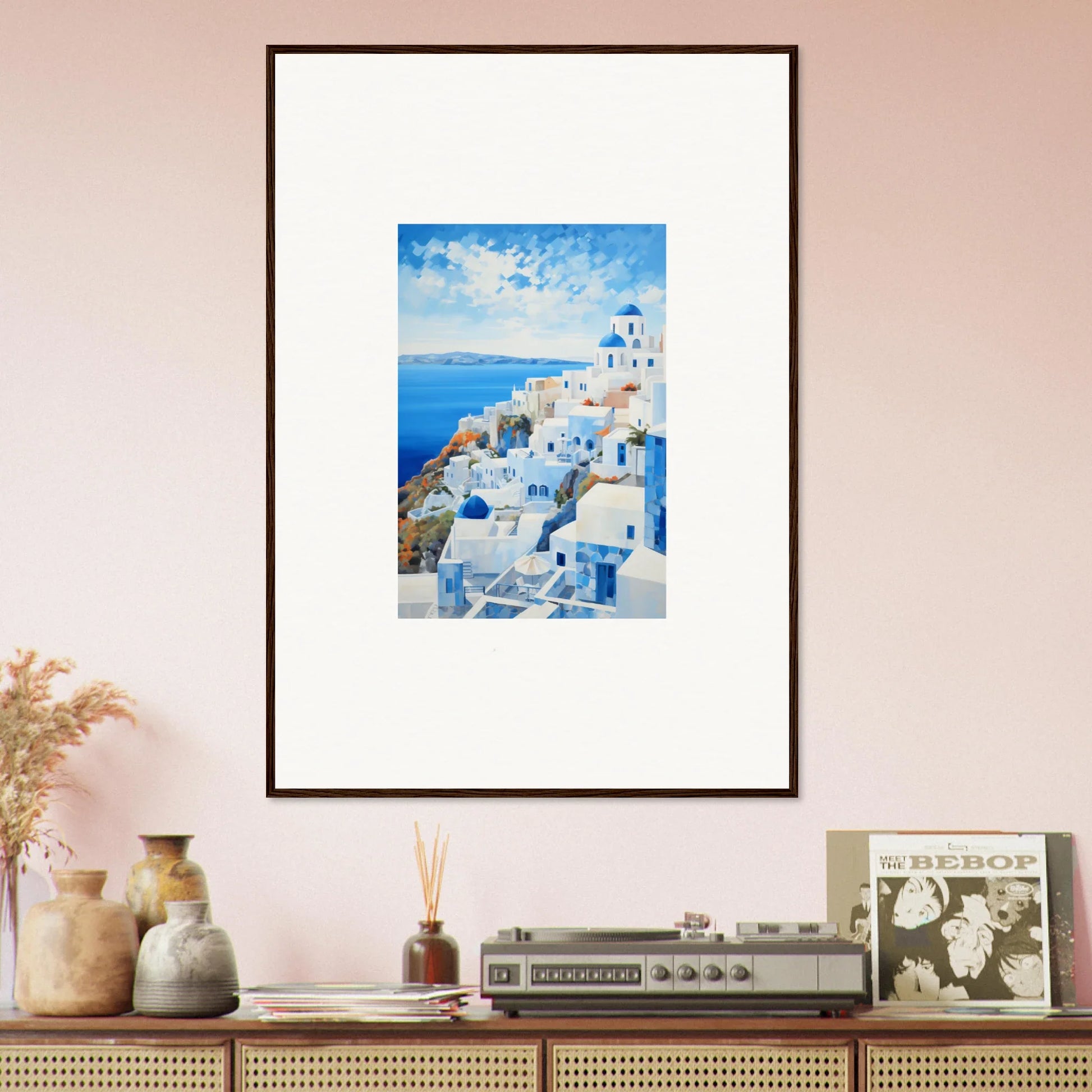 Framed watercolor art of Santorini’s blue and white buildings by Serendipity Through Sparrows