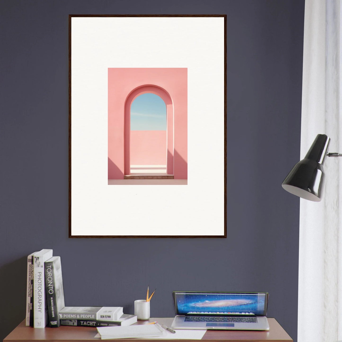 Framed art print of a pink archway under blue sky in Echo of Horizons special edition art™