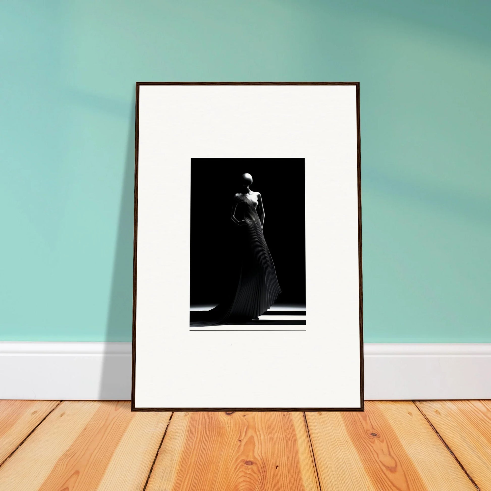 Framed black and white photo of a silhouetted figure in Echoes Velvet Mirage art