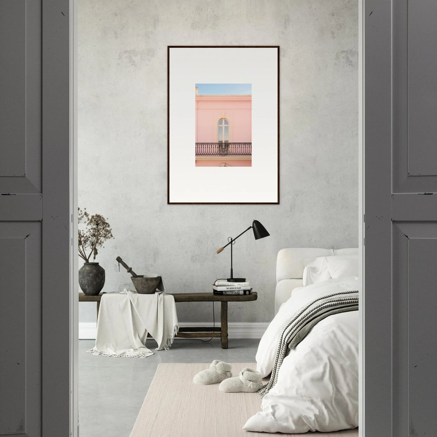 Framed pink and blue artwork for Peach Tranquil Portal on a stylish gray wall