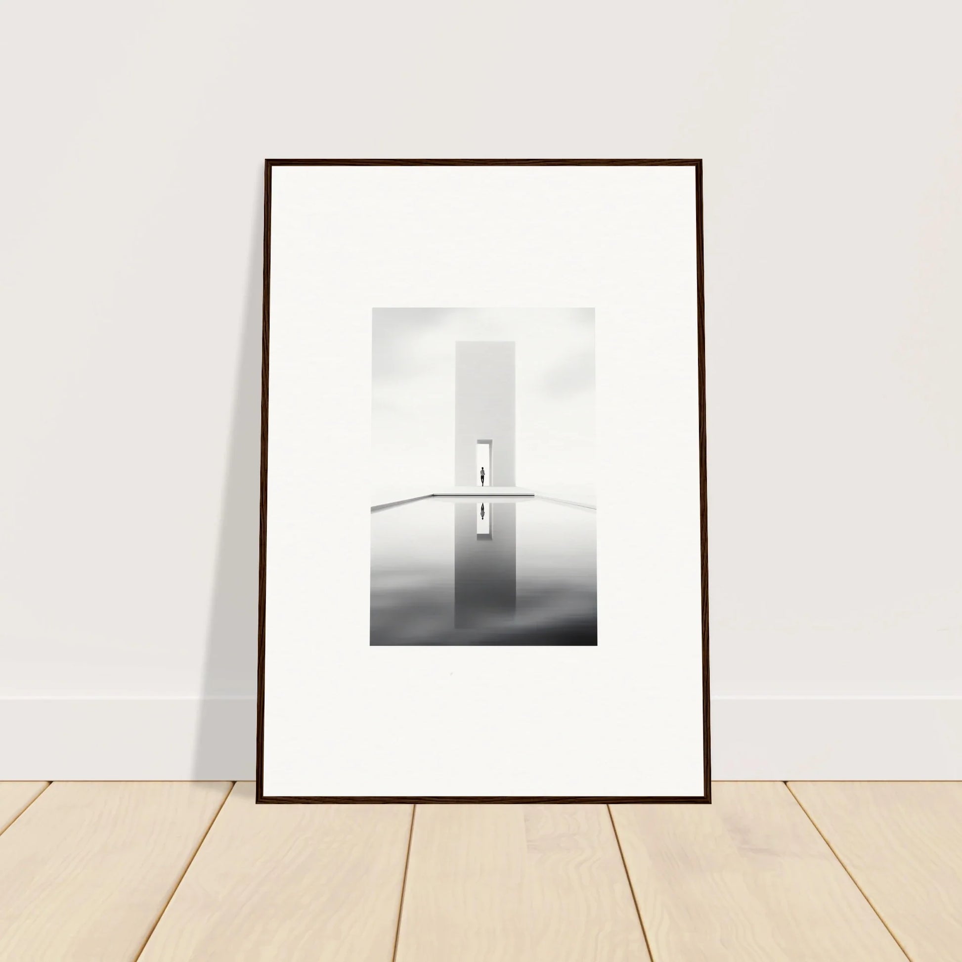 Framed black and white lighthouse photo in fog, Dreamer’s Vanishing Silhouette art