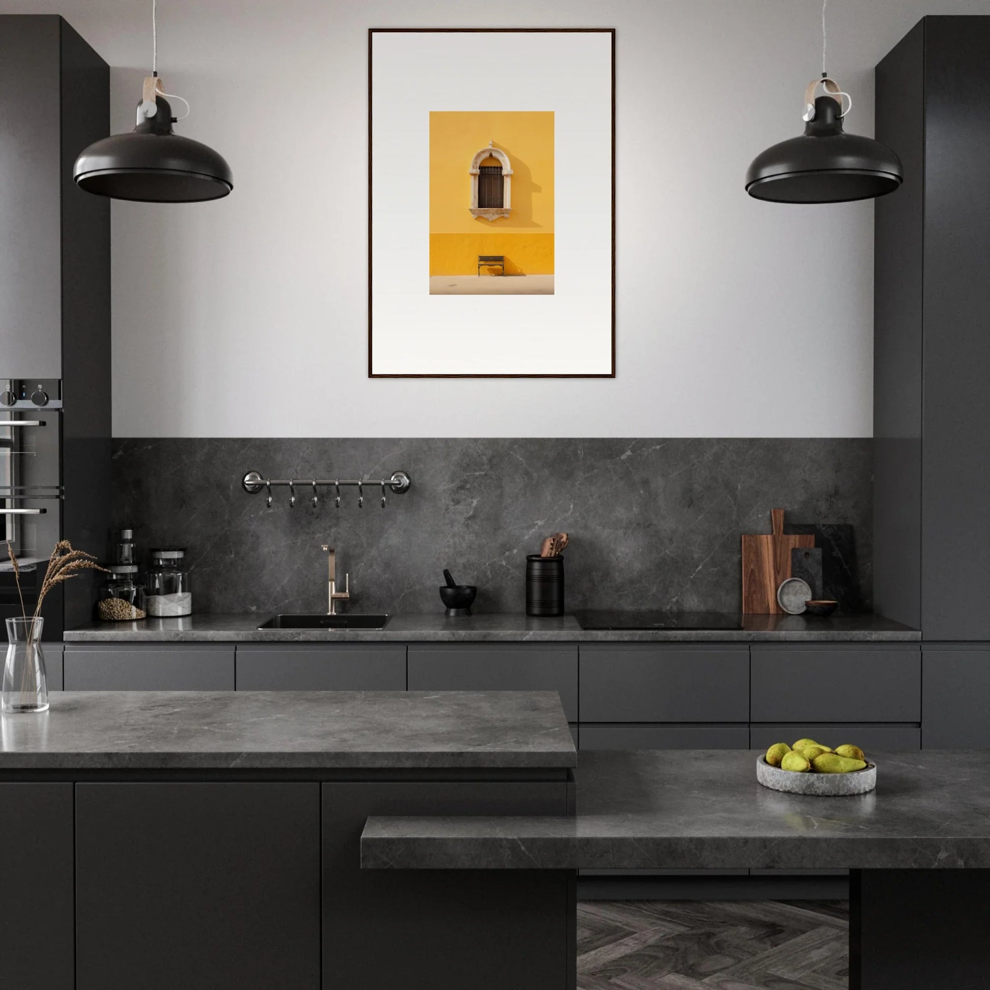 Modern dark gray kitchen featuring premium framed wall art and sleek black pendant lights