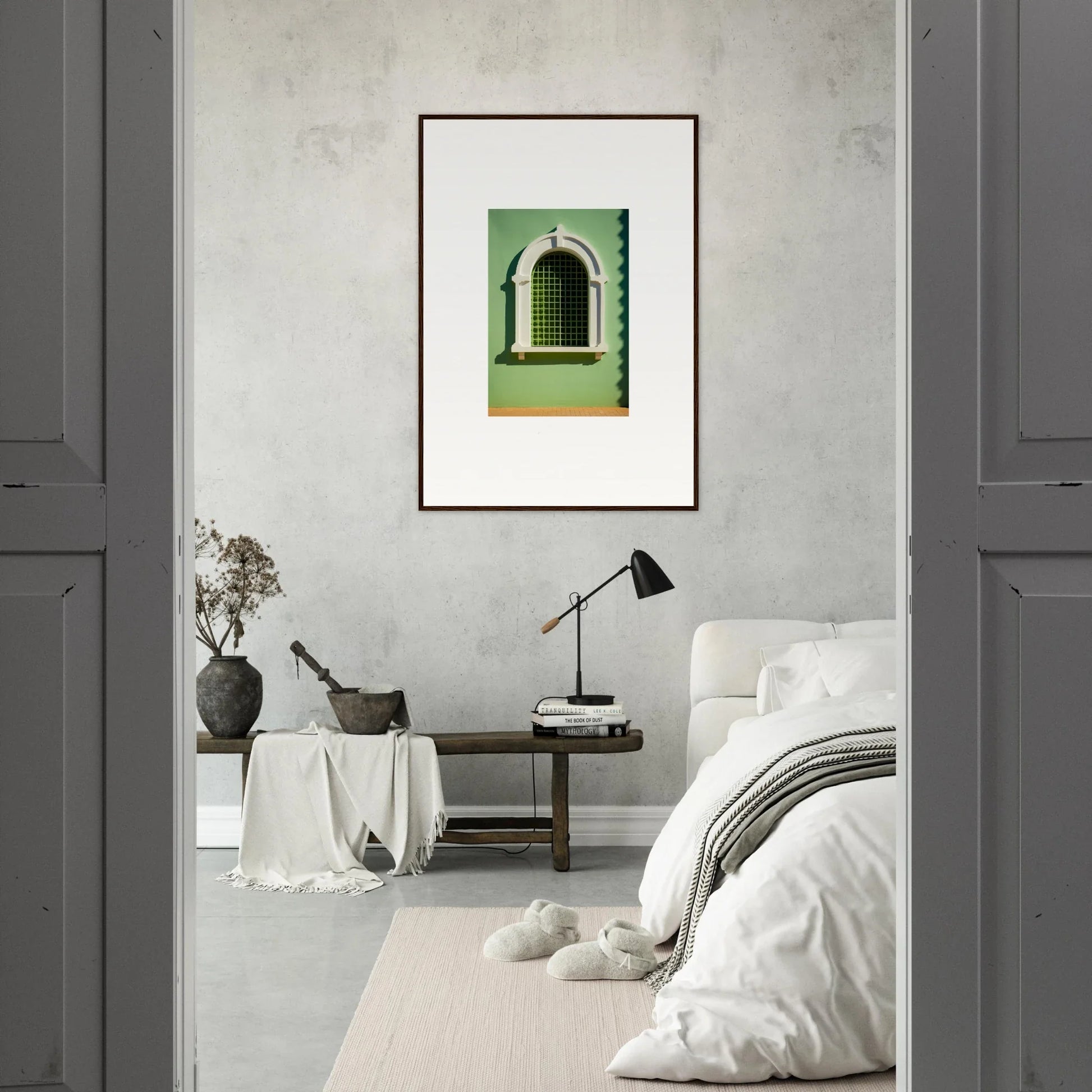 Framed photograph of a green arched doorway on a gray wall, Visible Equilibrium Window